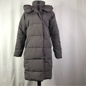 French Connection puffer coat long matte grey hood zip and snaps XS